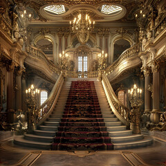 : A grand staircase in a palatial mansion, adorned with intricate carvings and sweeping banisters,...