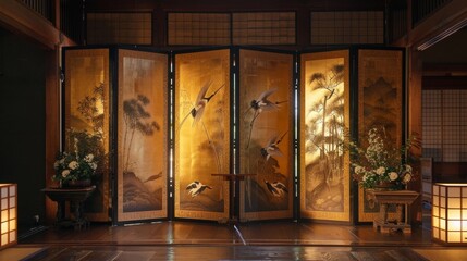 A large traditional Japanese screen stands in the center of the room its panels adorned with intricate gold leaf designs of cranes and bamboo. The light filtering through the screen . - obrazy, fototapety, plakaty