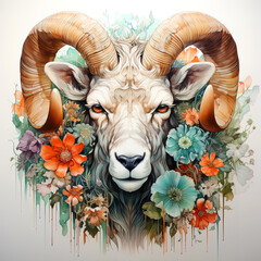 Image of a sheep head with colorful tropical flowers on white background. Mammals. Farm animals.