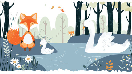 Cartoon fox and swan with Beautiful river in forest 