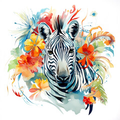 Obraz premium Image of a zebra head with colorful tropical flowers on white background. Mammals. Wildlife Animals.