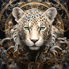 Image of fantasy of leopard head surrounded by various patterns. Wildlife Animals.