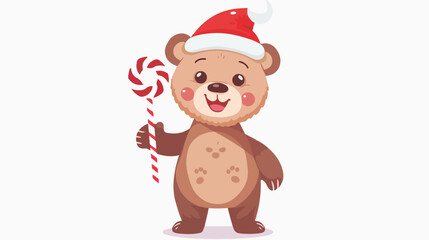 Fototapeta na wymiar Cartoon funny baby bear holding Christmas candy flat vector