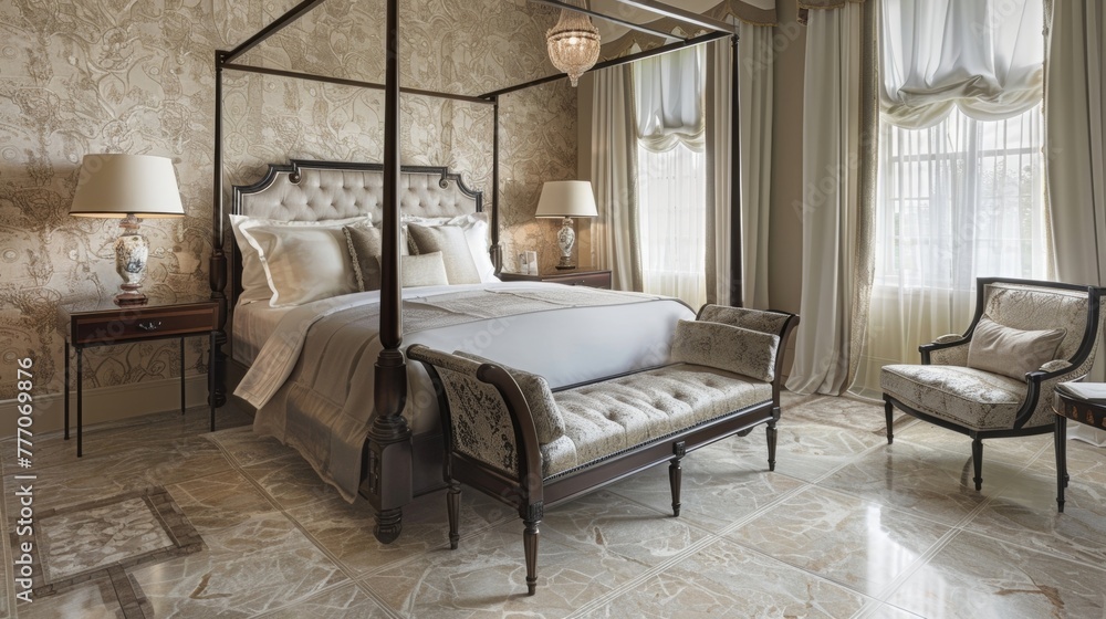Poster a luxurious bedroom features lvt flooring with a marbleinspired pattern in soft shades of grey and b