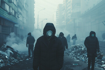 Urban Apocalypse. People with masks walking in a foggy, littered street, evoking a dystopian scene. - obrazy, fototapety, plakaty
