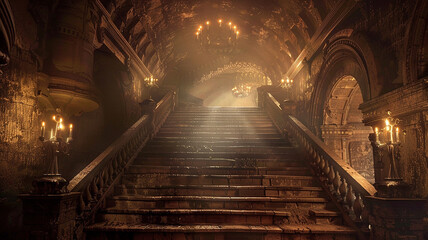 : A grand staircase lined with flickering torches, leading into the depths of a mysterious dungeon.