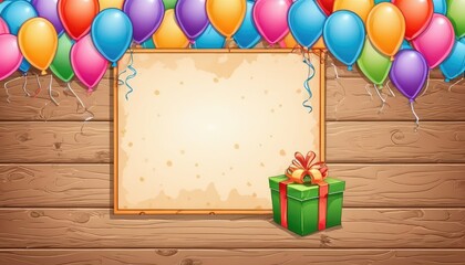Capture memories with our customizable party frame mockup. Vibrant balloons and streamers against a charming wooden background