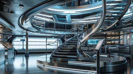 : A contemporary staircase with sleek metal railings in a futuristic science laboratory. - obrazy, fototapety, plakaty
