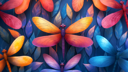 Colorful dragonflies on a background of colorful leaves