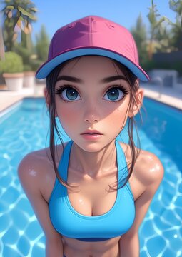 A woman wearing a pink baseball cap and a swimsuit in the swimming pool. digital art style, cartoon illustration painting. generative AI