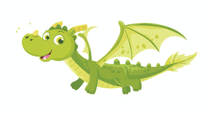 Cartoon green dragon flying flat vector isolated on white