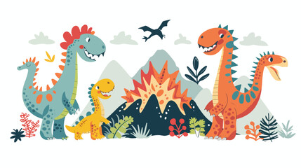 Cartoon happy dinosaurs with volcano flat vector isolated