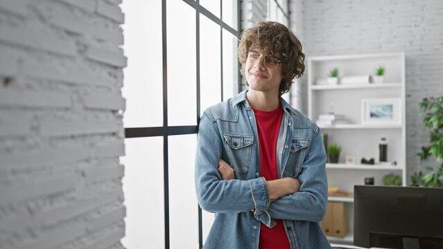 Confident young hispanic man with curly hair and glasses posing in a modern office setting.