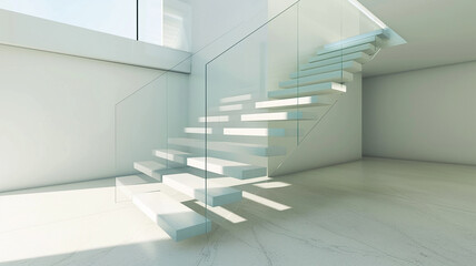 : A modern staircase with floating steps and glass balustrades in a minimalist home.