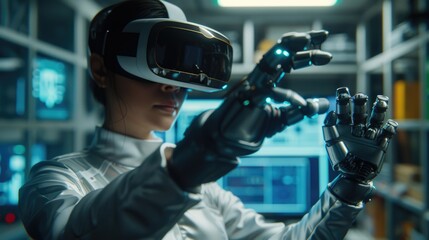 Female Engineer Exploring Robotics with VR, young female engineer dons a virtual reality headset and robotic glove, engaging with cutting-edge technology in a futuristic laboratory setting