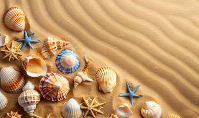Fototapeta na wymiar Seashell decorations on soft beach sand background, Generative AI 