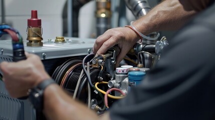 A technician's hands working on HVAC equipment with tools, focusing on electrical wiring and maintenance tasks.