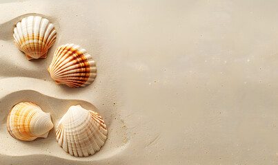 Seashell decorations on soft beach sand background, Generative AI 