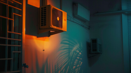 external air conditioner unit in a dark alley - obrazy, fototapety, plakaty