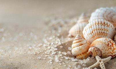 Fototapeta na wymiar Seashell decorations on soft beach sand background, Generative AI 