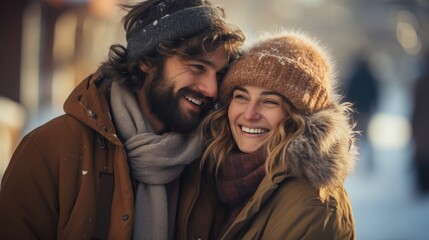 Joyful Embrace in Winter Bliss, elated couple, bundled in warm winter attire, share a close and joyful moment on a snowy day, their laughter echoing the warmth of their connection