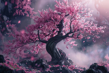 A 4K image of a blooming cherry blossom tree, highlighting its delicate flowers and graceful...