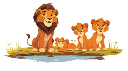 Muurstickers Aap Cartoon lion family near watering hole flat vector isolated