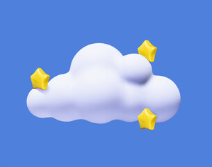 Cloud with yellow 3d stars icon isolated on blue background. Sleeping time icon. Soft round cartoon fluffy cloud Vector illustration