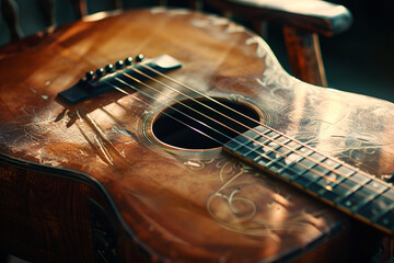 A 4K image of a classic acoustic guitar, highlighting its wooden body and elegant strings. - obrazy, fototapety, plakaty