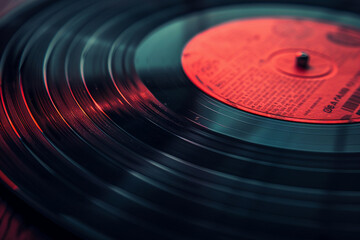 A 4K image of a classic vinyl record, showcasing its grooves and retro charm. - obrazy, fototapety, plakaty