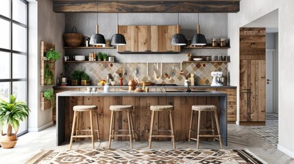 A rustic farmhouse kitchen features a handloomed wool rug in a bold geometric pattern adding a pop of color and texture to the space. The kitchen island is topped with a butcher block . - obrazy, fototapety, plakaty
