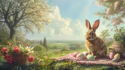 Foto op Canvas Under the clear blue sky, the rabbit sits on a picnic table surrounded by Easter eggs and lush green grass. The natural beauty of the scene resembles a piece of art in nature AIG42E © Summit Art Creations
