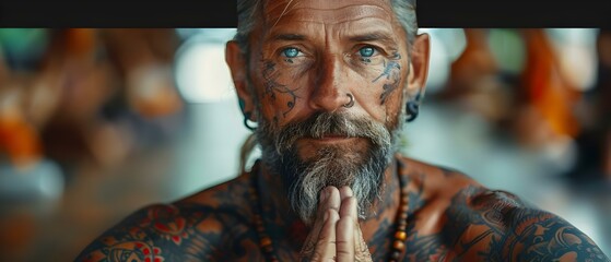 Promoting mindfulness: Middle-aged tattooed man practicing yoga in a group class. Concept Mindfulness, Yoga, Group Class, Middle-Aged, Tattooed Man