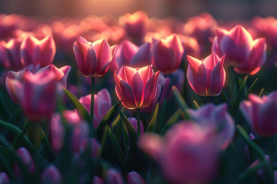 A 4K image of a field of vibrant tulips, highlighting their colorful petals and symmetrical beauty.