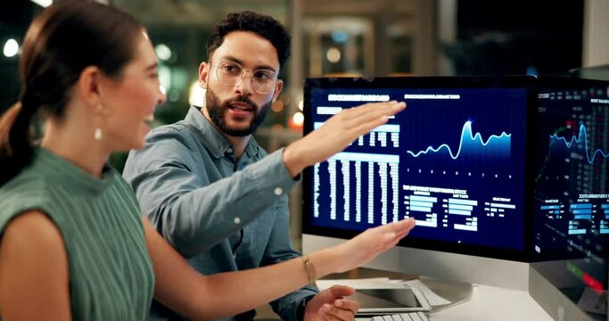 Teaching, teamwork or people trading on computer for financial investment or stock market graphs. Screen, charts or coach talking to trader or reading data analysis, news or strategy for opportunity