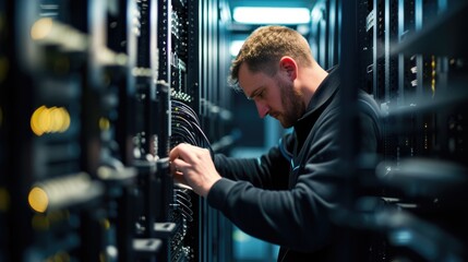 Fototapeta na wymiar A man works on server in data center AIG41