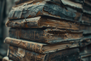 A 4K image of a stack of old books, highlighting their weathered covers and worn pages.