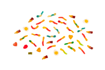 Fruit flavored worm shape, jelly candies. Isolated on transparent background.