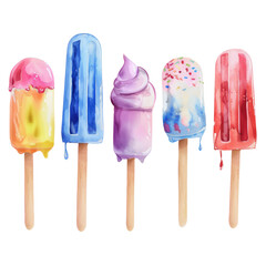 Four pops with different flavors of ice cream and sprinkles
