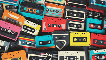 Vintage music cassettes   3d render. Retro dj sound tape, 1980s rave party stereo mix, old school record technology.   old 90s coloured plastic cassettes set. Retro musiccasette with retro bright colo - obrazy, fototapety, plakaty