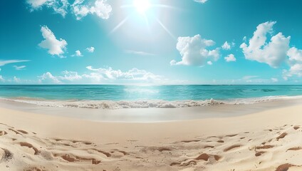beautiful sandy beach with a clear blue sky and turquoise sea water in the background, sunlight casting soft shadows on the sand. - obrazy, fototapety, plakaty