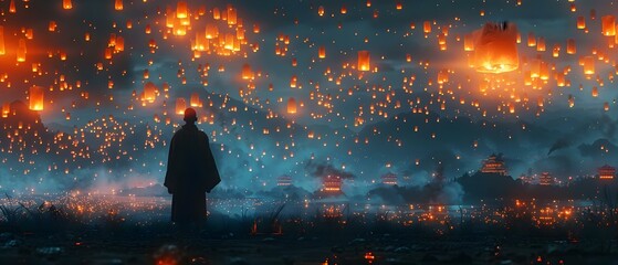 A monk watches lanterns in sky symbolizing liberation against mountain temple. Concept Travel Photography, Buddhist Culture, Night Sky, Silhouette, Spiritual Awakening - obrazy, fototapety, plakaty