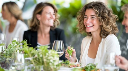 Senior friends dining happily with focus on woman in nursing home, blurred background for text - obrazy, fototapety, plakaty