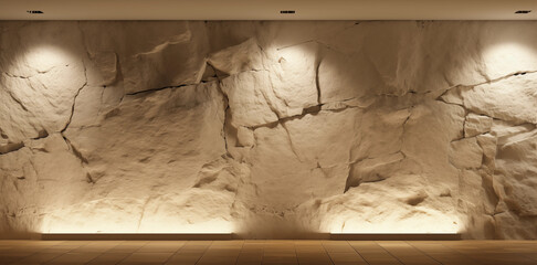 Interior wall of stone with ambient warm lighting accents along the ceiling and also along the ground; natural architectural element background image