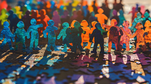 Silhouettes of a group of people are depicted in the form of a puzzle. The concept of unity and diversity of people