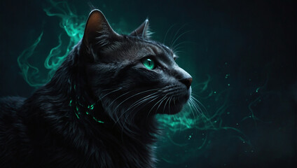A bewitching feline figure, sleek and shadowy, exudes an aura of dark elegance.