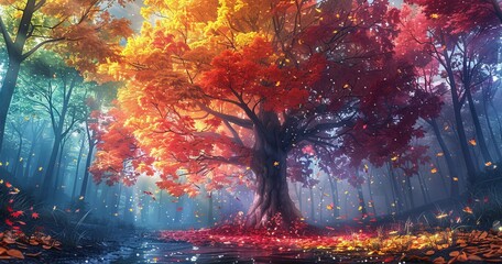 Obraz na płótnie Canvas Autumnal Reflections A Tree's Journey Through the Seasons Generative AI