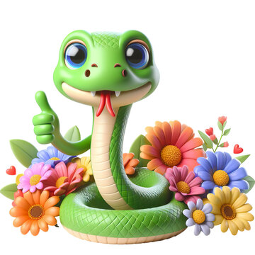 cute character 3D image of snake with flowers and saying thanks white background isolated PNG
