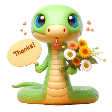 cute character 3D image of snake with flowers and saying thanks white background isolated PNG