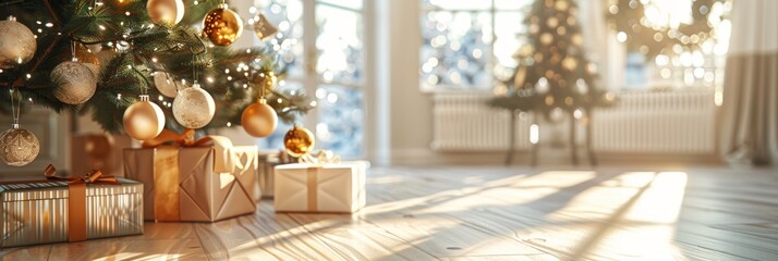 Elegant christmas tree adorned with gold ornaments and gifts on a serene white holiday background